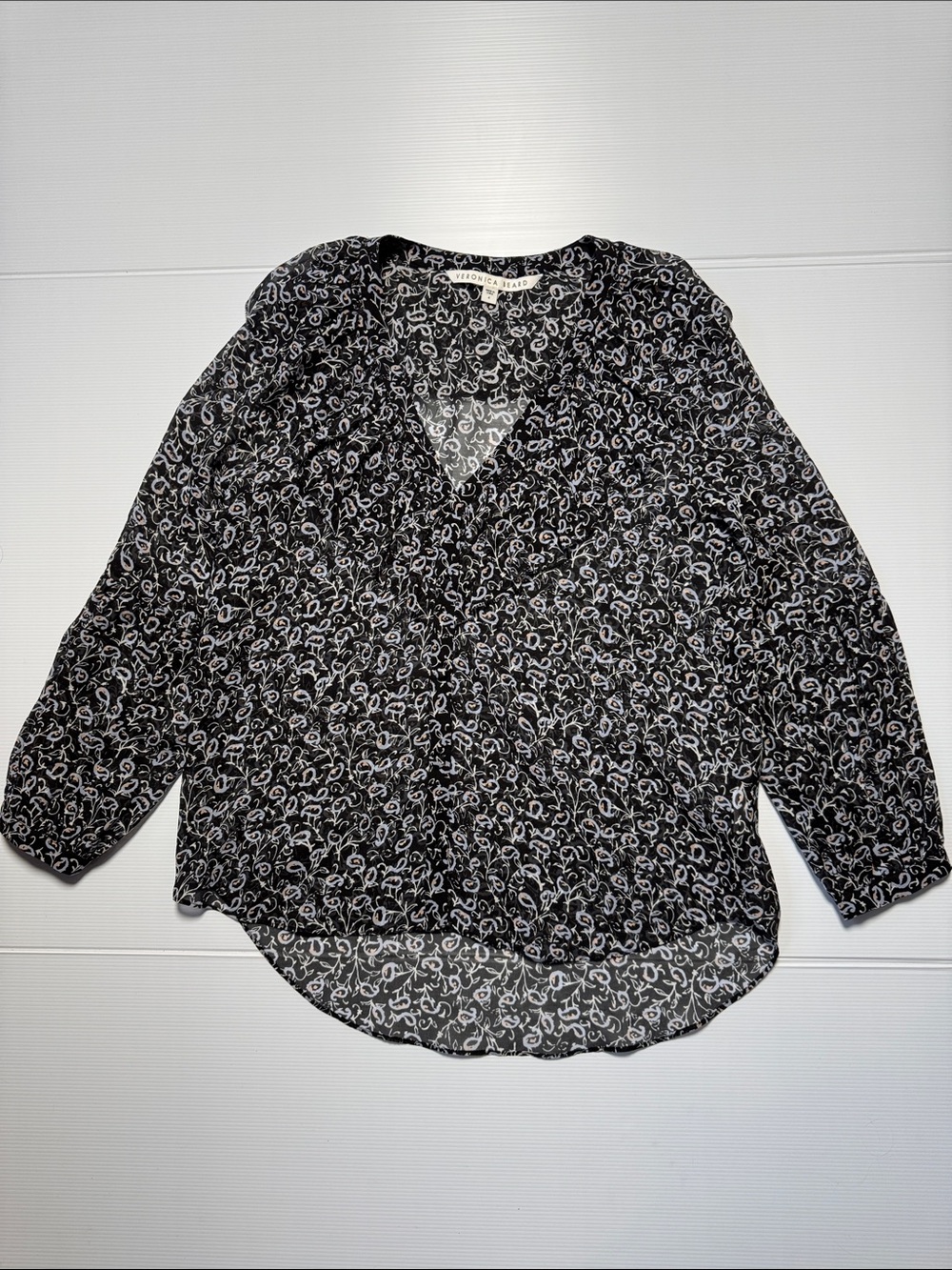 VERONICA BEARD 100% Silk Black Floral Micro Paisley Ruffle V-Neck Blouse 4